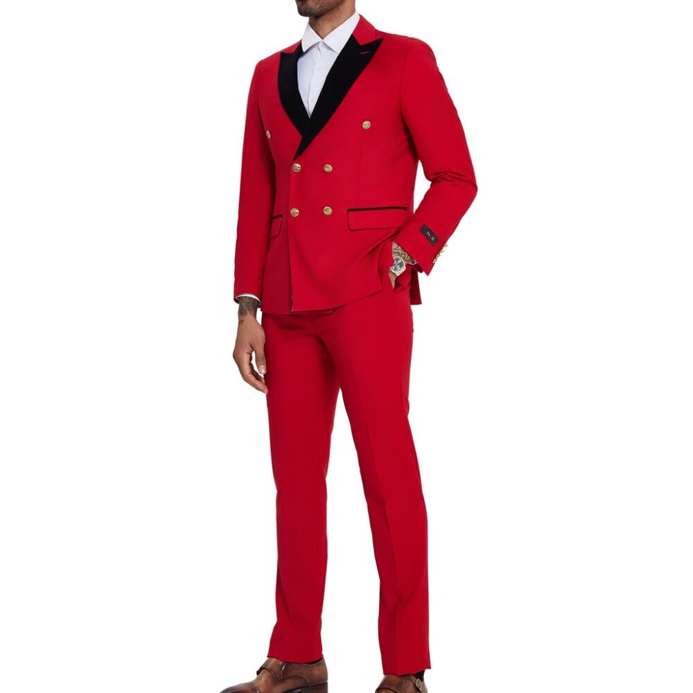 Red Double Breasted Velvet Peak Lapel Skinny Fit Tazzio Men's Suit